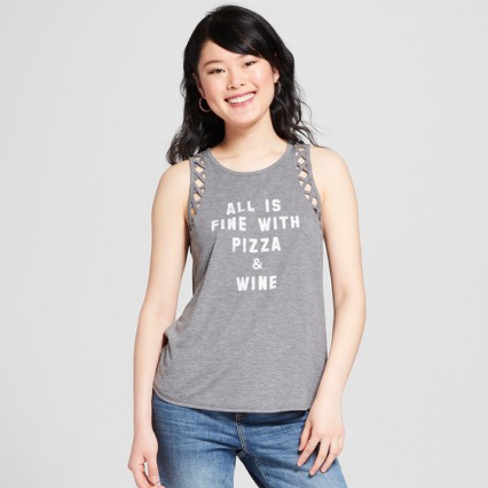 NWT Grey Pizza & Wine Graphic Tank Top